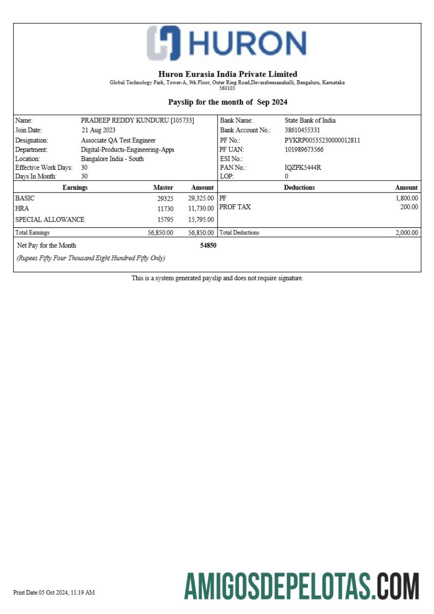 Realista Modelo de recibo de pagamento Huron Eurasia Índia em formatos Word e PDF.pdf, 1